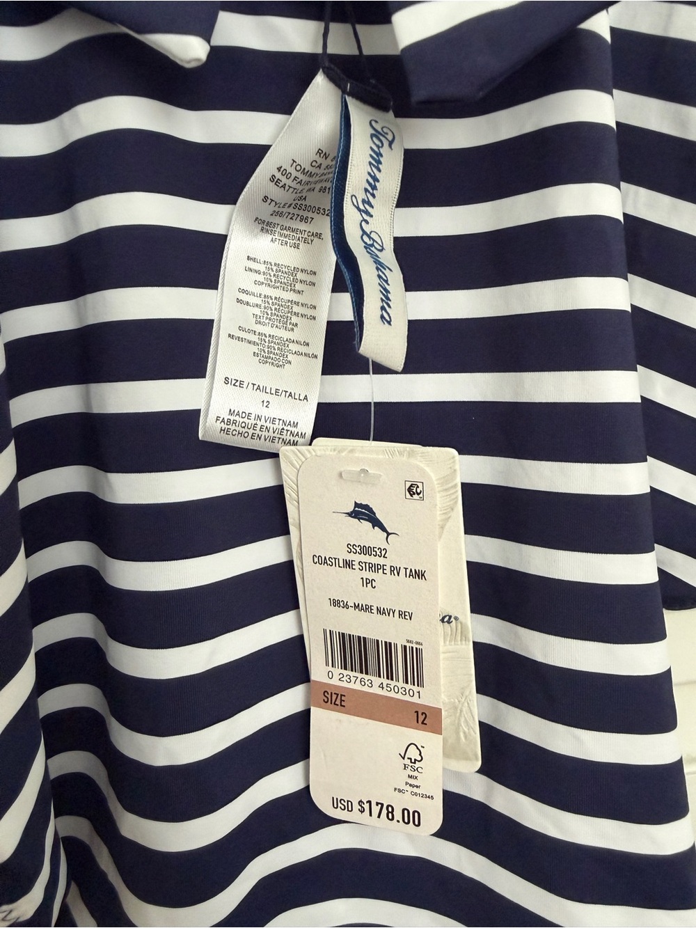 NWT Tommy Bahama Navy and White Striped Reversible One-Piece Swimsuit Size 12 - Picture 5 of 6